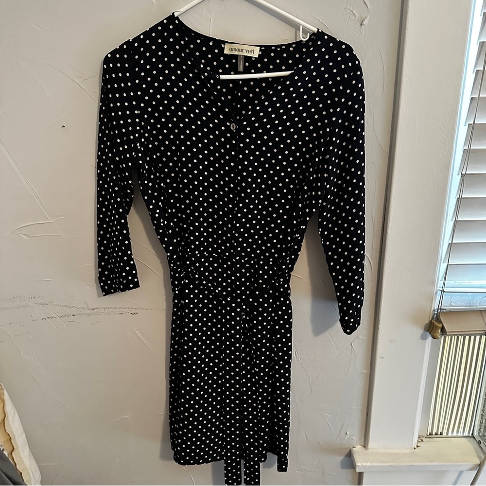 Silk wrap dress from Amour Vert. Navy blue with white polka dots. Size small,